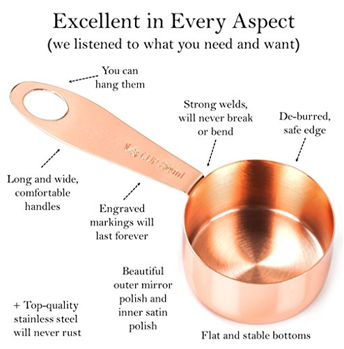 9 Exclusive Measuring Cups and Spoons. Copper Plated and Polished for Luxurious Look. Remarkably Sturdy for Heavy-duty Daily Use. Ergonomic Comfortable Handles. Holes for Hooks and Magnetic. Set of 9.