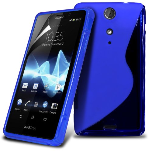 Sony Ericsson Xperia TX LT29i Blue S Line Wave Gel Case Skin Cover With LCD Screen Protector Guard, Polishing Cloth by Fone-Case