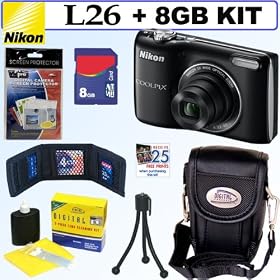 Nikon COOLPIX L26 16.1 MP Digital Camera (Black) + 8GB Accessory Kit