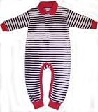 Organic Baby Polo Body in Navy Stripe with Red collar and trim