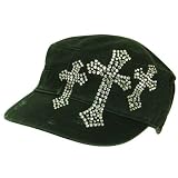 Triple Crystal Cross Frayed Cadet Hat Cap Adjust Black