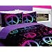 Black Purple Pink Peace Sign Twin Girls Comforter Bed in a Bag Set