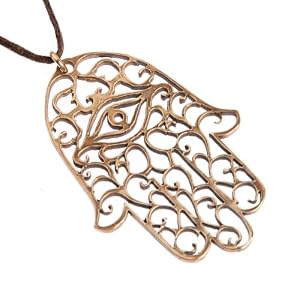 Large Hamsa Peace Bronze Pendant Necklace on adjustable natural fiber cord