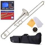Mendini MTB-N Nickel Plated B Flat Trombone with 1 Yr Warranty, Case, Accessories & Chromatic Tuner with Metronome