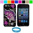 Premium Two Piece Black Butterfly Rhinestone Design Protective Cover Case for Apple iPod Touch 4th Generation (8GB 16GB 32GB) iPod Touch 4 Latest Gen + SumacLife TM Wisdom Courage Wristband, Black Butterfly