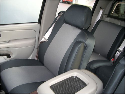 NEO SUPREME - Silver and Black Neoprene CUSTOM Seatcovers - VW Beetle Convertible (2003-2007 ) - Front Low Back Buckets w/ Adjustable Headrests (1 Pair - Fits 2003, 2004, 2005, 2006, 2007 models)