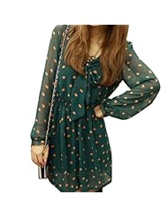 Elasticized   Waistline Chiffon/Cotton/Polyester Long Sleeves Shirred Sheer  Dots Print  Dress With Ruffles