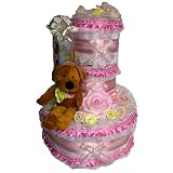 赤ちゃん用ぬいぐるみ・人形 おむつケーキ【3段】おしゃぶり付き犬ぬいぐるみ 出産祝い女の子用オムツケーキ