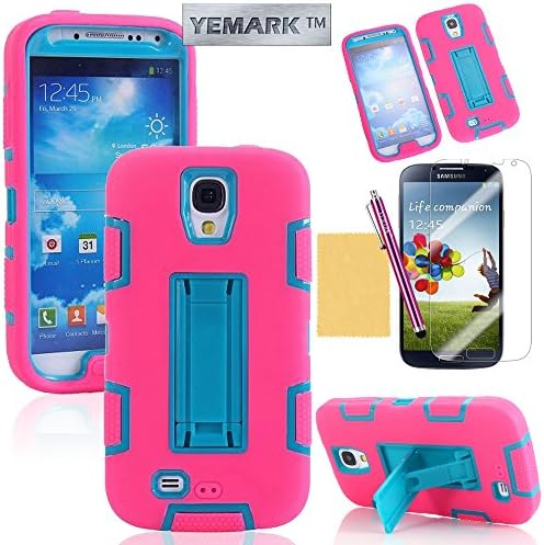 S4 Cover, S4 Back Cover,YEMARK(TM) Fashion 3IN1 Hybrid High Impact Bumper Slim Back Protective Case Cover[with Folding Kick-Stand Design] For Samsung Galaxy S4 i9500[+Stylus+Screen Protector+Cleaning Cloth]-(Pink + Blue), Samsung Galaxy S4 Case