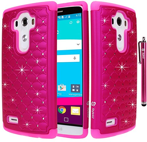 LG G4 Case, Style4U LG G4 Studded Rhinestone Crystal Bling Hybrid Armor Case Cover for LG G4 with 1 Style4U Stylus [Hot Pink / Hot Pink]