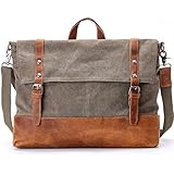 16.3 inch 100% Real Genuine Crazy-horse Leather Cotton Canvas Cross Body Laptop Messenger Bag - RUFFRYDER Men's Vintage Leisure Briefcase Business Shoulder Bag Satchel Handbag for iPad, iPhone, MacBook, Notebooks, Documents, Journals- Fit 15 Inch Laptop(Army Green)