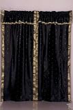 Pair Black sari curtains with attached beaded valance