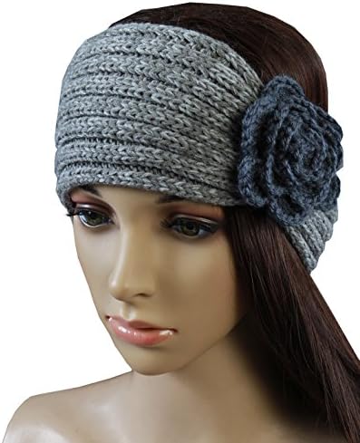 Women Crochet Headband Knit Hairband Flower Classic Color Ear Warmer Headwrap (Grey Light Grey)