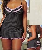 Plus Size Black Pinstripe Microfiber Babydoll with Matching Ruffle-Back Panty 1x/2x 3x/4x