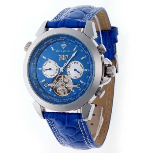 Yves Camani Herren-Armbanduhr XL Worldtimer Stahl Blau Analog Automatik Leder YC1029-D Preisvergleich