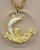 Bahamas 50 Cent Blue Marlin Two Tone Coin Cut Out with 24 Chain