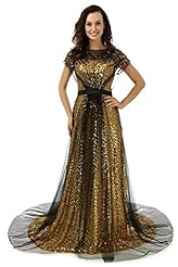 Satin/Tulle Cap Sleeves  Sequined Jeweled Ruched Beaded Sheer Prom Dress  With Ruffles