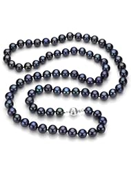 Sterling Silver 11-12mm Black Round Cultured Freshwater Pearl 36" Necklace with 10mm Corrugated Ball-clasp.