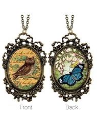 Antique Gold or Silver Tone Owl/Butterfly Oval Pendant Necklace-25 IN + 2 IN