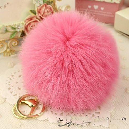 BINNY Genuine Rabbit Fur Ball Gold Plated Key Chain with Plush for Womens Handbag Cellphone Tote Bag Car Pendant Light Pink
