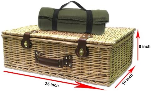 Classic Wicker Picnic Basket With Built-in Food Compartment , Upscale Service for 4 w/ Canterbury Fleece Blanket