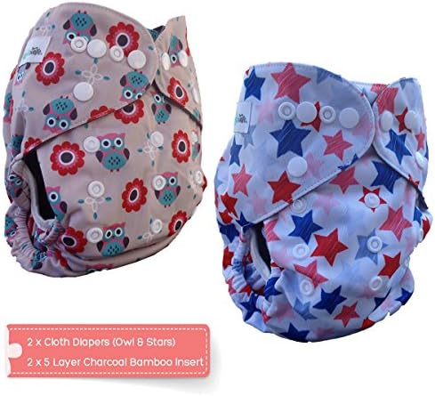Baby Cloth Diapers all in One Size Set by Angelicware - 2 Pack - Owl &amp; Stars. Reusable Bamboo Pocket Diaper Cover + 5 Layer Inserts. Keep them Happy &amp; Dry