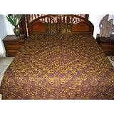 3p Purple Gold Floral Embroidered Cotton Indian Bedspread Coverlet King