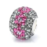 Bella Fascini Gunmetal Gray with Raspberry Flowers - Crystal Pave Ball, Made with Swarovski Elements, Sterling Silver European Bead Charm