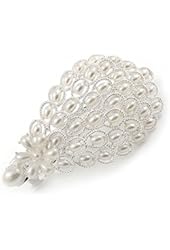 Bridal/ Wedding/ Prom Silver Tone Simulated Pearl Barrette Hair Clip Grip - 80mm Across