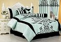 7 Pieces Aqua with Blue and Black Floral Flocking Comforter Set Bed-in-a-bag Queen Size Bedding