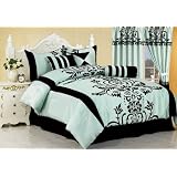7 Pieces Aqua with Blue and Black Floral Flocking Comforter 104"x92" Bed-in-a-bag Set King Size Bedding