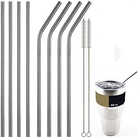 Sinohome Stainless Steel Drinking Straws 10" Extra Long 4 Size, Set of 8 (4 Straight + 4 Bent), 2 Free Cleaning Brush Included