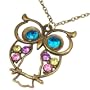 Vintage, Retro Colorful Crystal Owl Pendant and Chain with Antiqued Bronze/Brass Finish