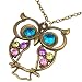 Vintage, Retro Colorful Crystal Owl Pendant and Chain with Antiqued Bronze/Brass Finish