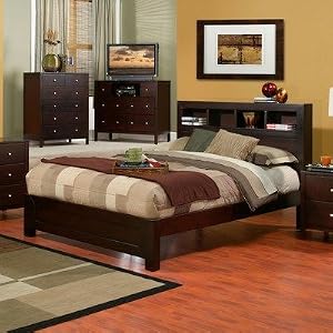 Queen Platform Bed in Cappuccino with Bookcase Headboard