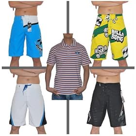 5 pack: Mens Billabong surfing boardshorts and Quiksilver t shirt set. 4 pairs of head turning board shorts and one great looking t shirt at a shocking wholesale price. 5 pack: Mens Billabong surfing boardshorts and Quiksilver t-shirt set. 4 pairs of head turning board shorts and one great looking t-shirt at a shocking wholesale price.