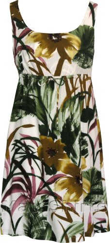 Empire Tie Front Short Tank - Oriental Watercolor Empire Waist Scoop Square Neck Knee Length Hawaiian Aloha Pullover Dress in White - 3X Plus