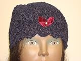 Hand Crocheted Denim Color Chenille and Gimp Tweed Bella Skull Cap Trimmed with One Burgundy Color Rhinestone Butterfly for Women and Teens