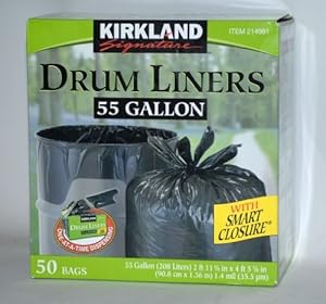 Kirkland Signature drum liner trash bags with smart closure, one-at-a-time dispensing, 55-gallon 50 ct Box