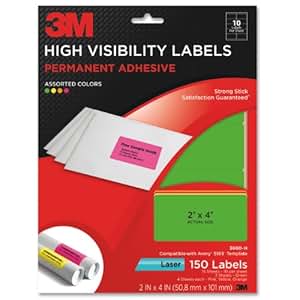 3M Permanent Adhesive High Visibility Labels, 2 x 4 Inches, Neon, 150 ...