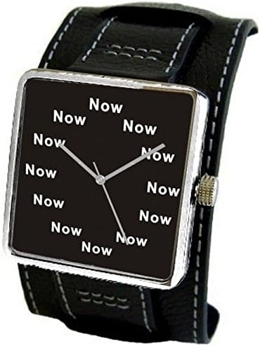 "Now" Is the Time Shown Each Hour on the Dial of the Satin Finish 316L Stainless Steel Three Piece Watch Case with a Wide Leather Strap