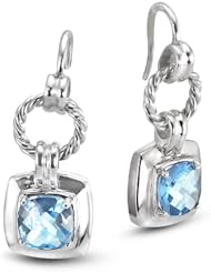 CleverEve Luxury Series One Pair Rhodium Plated Dangling Frenchwire Silver Earrings w/ Prong Set Cushion Cut Natural Blue Topaz Stones 5.52 ct. tw.