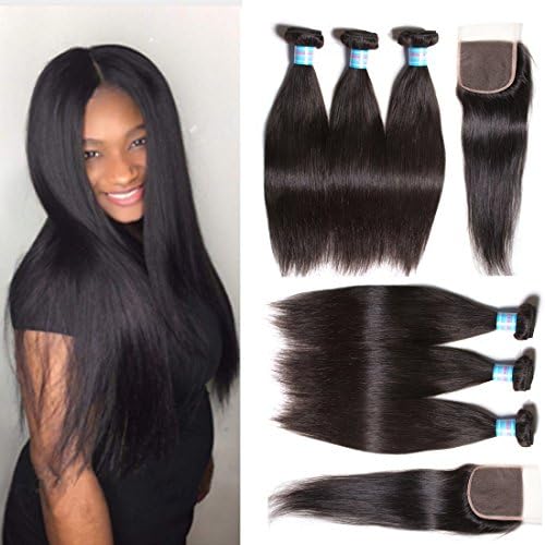 KLAIYI Hair Brazilian Silky Straight Hair Weave 3Bundles with 1pc Lace Closure 4*4inch Free Part Top Quality Multiple Choice Real Human Hair Extensions (18 20 22+14Inch Closure, Natural Color)