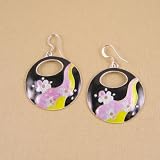 Floral Enameled Earrings Sterling Silver Black