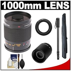 Samyang 500mm f/8.0 Mirror Lens (T Mount) with 2x Teleconverter (=1000mm) + Monopod + Accessory Kit for Nikon 1 J1, J2 & V1 Digital Cameras