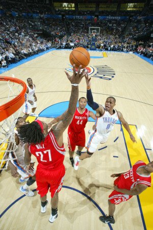 Houston Rockets v Oklahoma City Thunder: Russell Westbrook Photographic Poster Print by Bill Baptist, 28x42