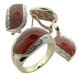 Red Jade and Diamond Rivus Earring, Ring and Pendant Set, 14k Gold