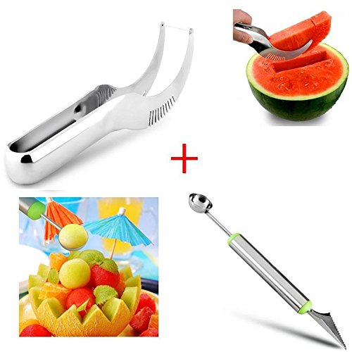 Premium Quality Original Stainless Steel Watermelon Slicer Corer Cutter Knife - Comes with Bonus Free Melon Baller and Carver