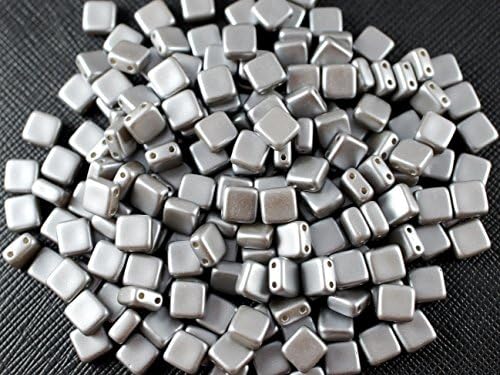 40pcs Czech Glass Beads Tile Two-Hole, Flat Square 6x6x2.9mm Pastel Silver