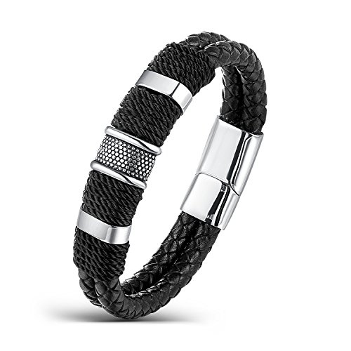 Areke Punk Rock Charms Bangle Bracelets For Mens,Braided Wrist Leather Bracelet Stainless Steel Clasp